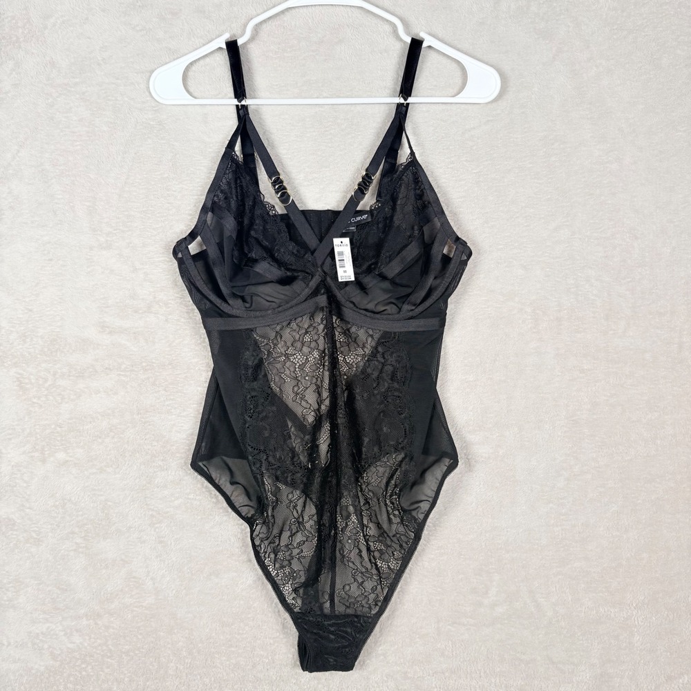 Torrid Bodysuit Women 00 Med Black Lace Underwire Strappy Mesh V-Neck Thong NEW